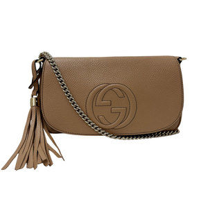 Gucci Soho Shoulder Bag, Women's, Beige Leather, 536224, Chain Bag with Tasse...